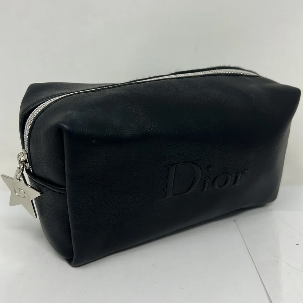 Dior Christian Dior Vegan Black Leather Zip Cosmetic Clutch Pouch